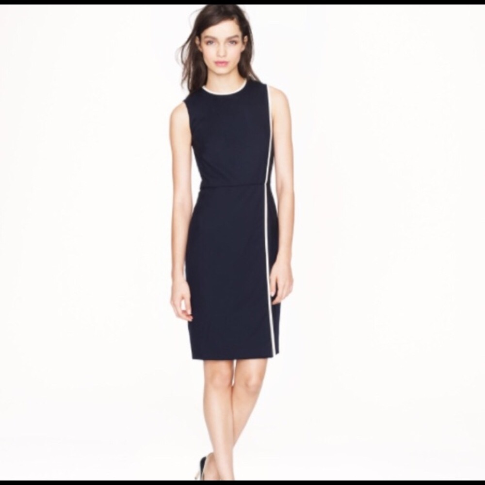JCrew Super 120s Black Wool Dress with Tan Piping